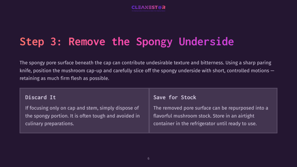 Step 3: Remove The Spongy Underside. Instructions On How To Remove The Spongy Pore Surface From Mushrooms, With Options To Discard Or Save For Stock.