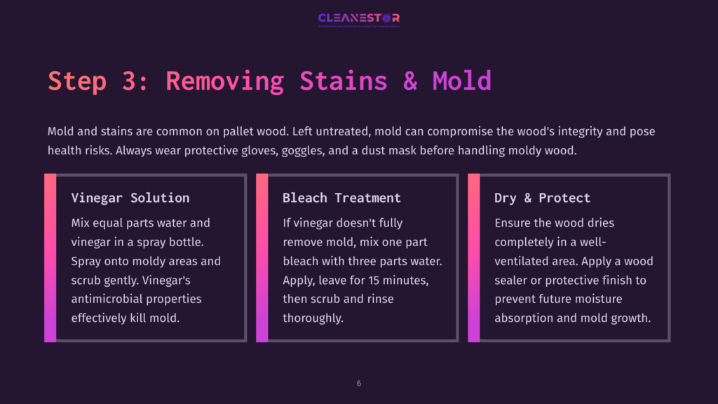 Instructions For Cleaning Pallet Wood With Vinegar Solution, Bleach Treatment, And Drying Tips Highlighted On A Vibrant Purple Background.