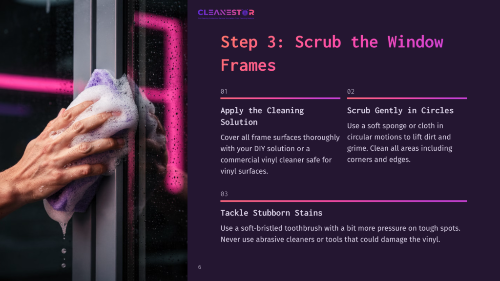 A Hand Scrubbing A Vinyl Window Frame With A Purple Cloth, Next To Text Instructions On Cleaning Methods And Solutions.