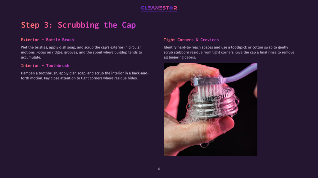 A Hand Holds A Toothbrush Scrubbing A Clear Gatorade Squeeze Bottle Cap; The Background Displays Cleaning Instructions In Purple And White.