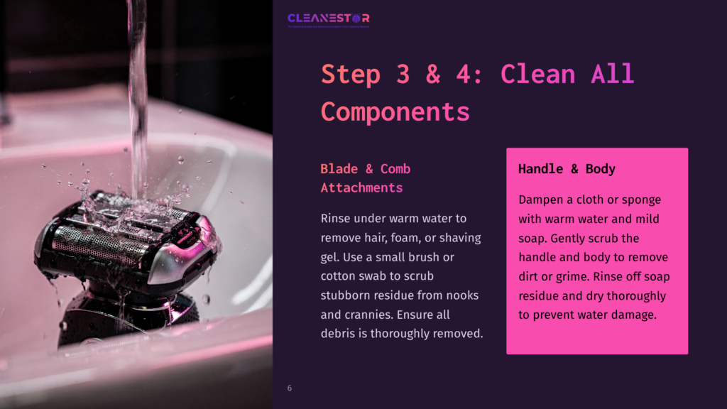 A Philips Oneblade Shaver Resting In A Sink, With Soap And A Sponge Nearby, Illustrating Cleaning Instructions For Its Components.