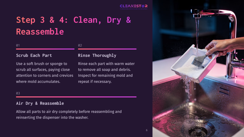 6 Step 3 And 4 Clean Dry And Reassemble A Hand Rinses A White Plastic Mold With A Brush Under A Running Faucet In A Stainless Steel Sink, With Water And Soap Suds Flowing Down The Drain. The Image Illustrates Cleaning And Rinsing Steps For Mold Removal.