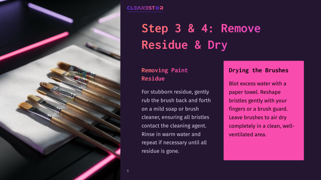 A Collection Of Paintbrushes On A White Cloth, With Cleaning Instructions Beside. Colors Include Black, Purple, And White.