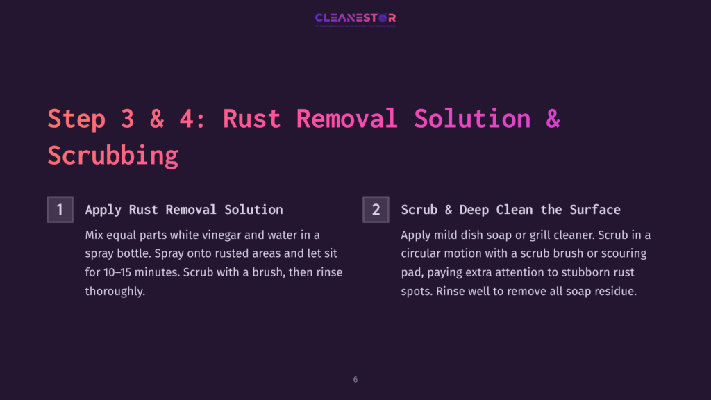 Instructions For Cleaning Rust From A Flat Top Grill, Featuring Numbered Steps, A Dark Background, And Highlighted Text In Pink And White.