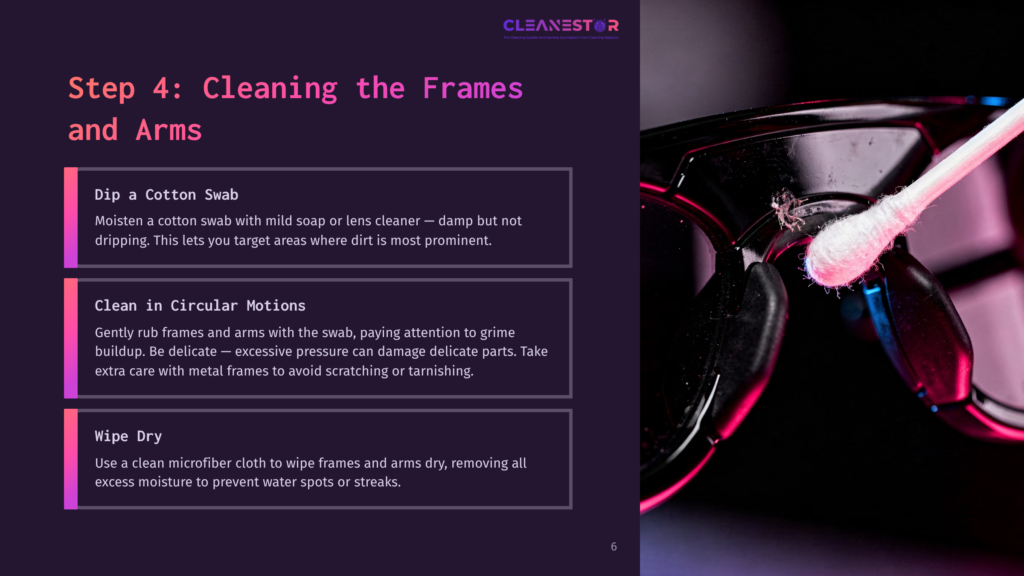 Close-Up Of A Pair Of Sunglasses Being Cleaned With A Cotton Swab, With Text Overlay Describing Cleaning Steps: &Quot;Dip A Cotton Swab,&Quot; &Quot;Clean In Circular Motions,&Quot; And &Quot;Wipe Dry.