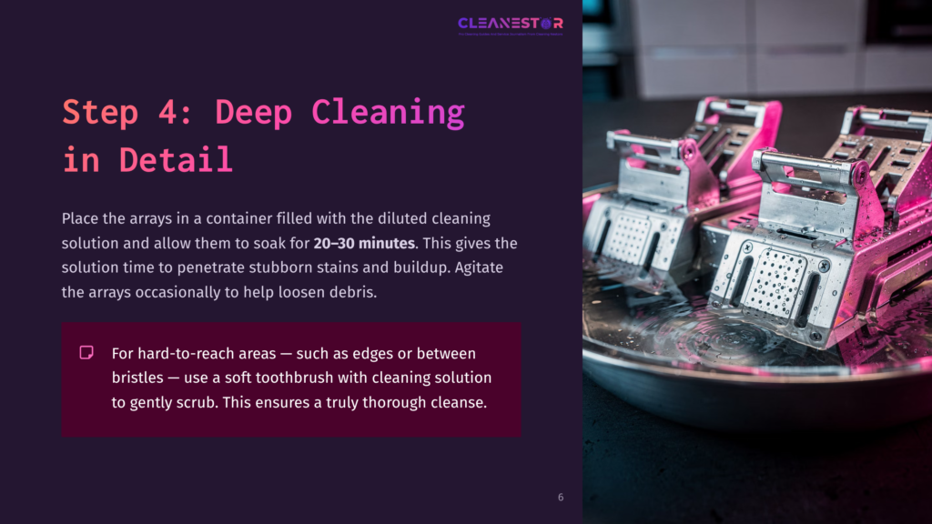 Step 4: Deep Cleaning In Detail - Arrays Soaking In Diluted Cleaning Solution In A Container, With Water Droplets Visible.