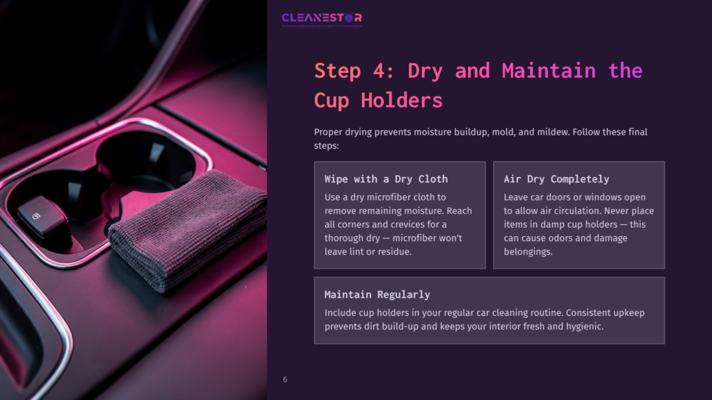 A Close-Up Of A Car'S Cup Holder Showing A Microfiber Cloth And Instructions On Cleaning And Maintaining Cup Holders.