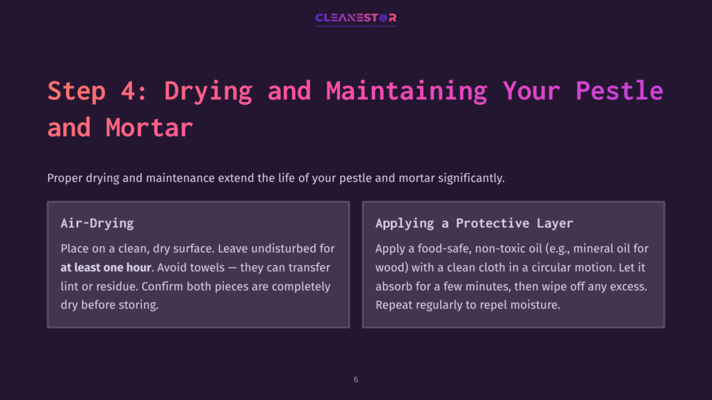 Step 4 Instructions Feature A Dark Background With White And Purple Text Outlining Air-Drying And Applying A Protective Layer To The Pestle And Mortar.