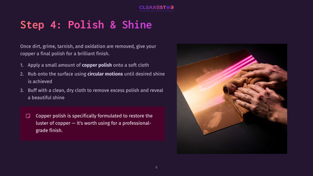 Hands Applying Copper Polish To A Shiny Copper Sheet On A Purple Background, With Instructions Highlighted In A Side Box.