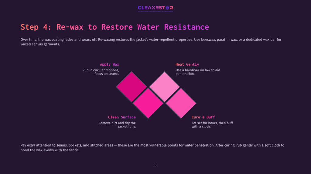Step 4: Re-Wax To Restore Water Resistance. Instructions For Waxing A Jacket, Showing Steps: Apply Wax, Heat Gently, Clean Surface, Cure &Amp; Buff. Uses Pink And Purple Graphic Elements.