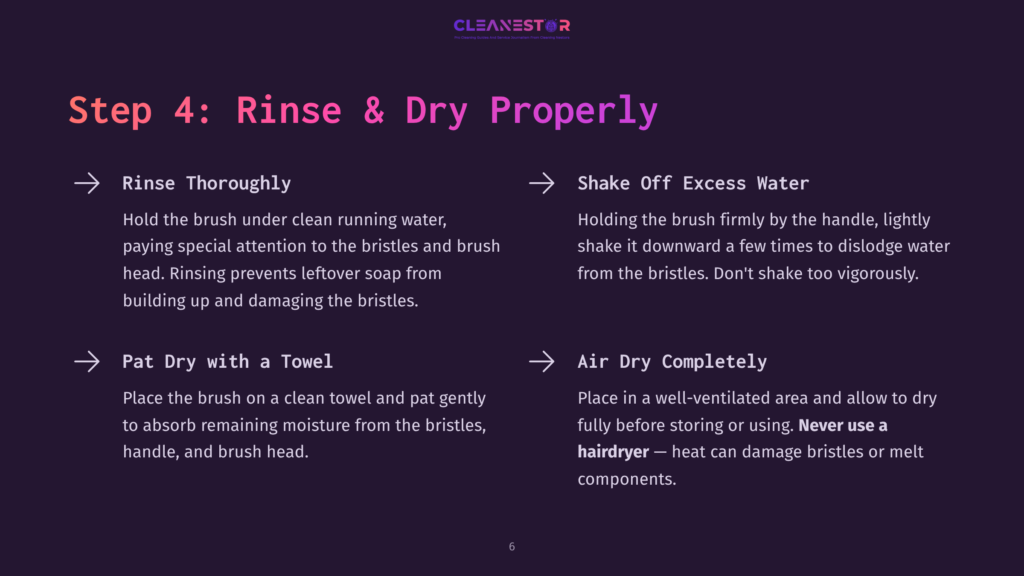 Instructions On Cleaning A Hair Straightener Brush, With Sections On Rinsing, Drying With A Towel, And Air Drying, Displayed On A Dark Purple Background.