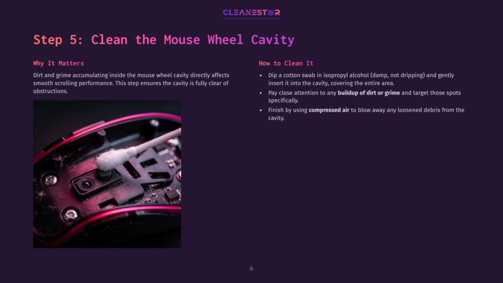 6 Step 5 Clean The Mouse Wheel Cavity A Close-Up View Of A Mouse Wheel Mechanism, With A Cotton Swab Cleaning The Cavity; The Background Features Bold Text And A Dark Purple Layout.