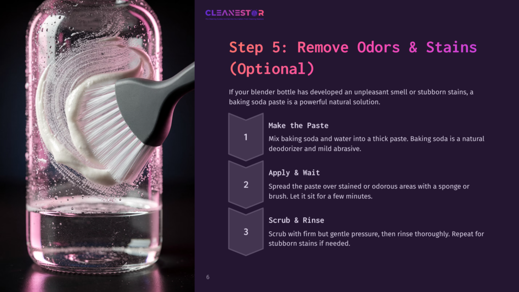A Clear Bottle Being Cleaned With A Baking Soda Paste And A Brush, Featuring Step-By-Step Instructions In A Purple And White Layout.