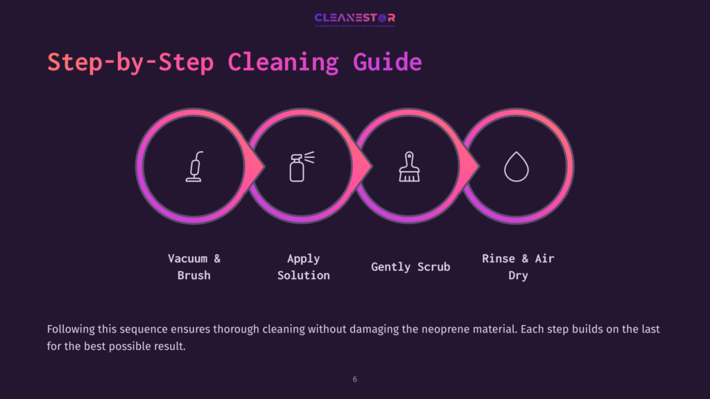 Step-By-Step Cleaning Guide For Neoprene, Featuring Icons For Vacuuming &Amp; Brushing, Applying Solution, Gentle Scrubbing, And Rinsing &Amp; Air Drying.