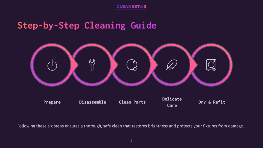 Step-By-Step Cleaning Guide With Six Circular Icons Representing Prepare, Disassemble, Clean Parts, Delicate Care, Dry, And Refit. The Guide Promises A Thorough Clean For Fixtures.