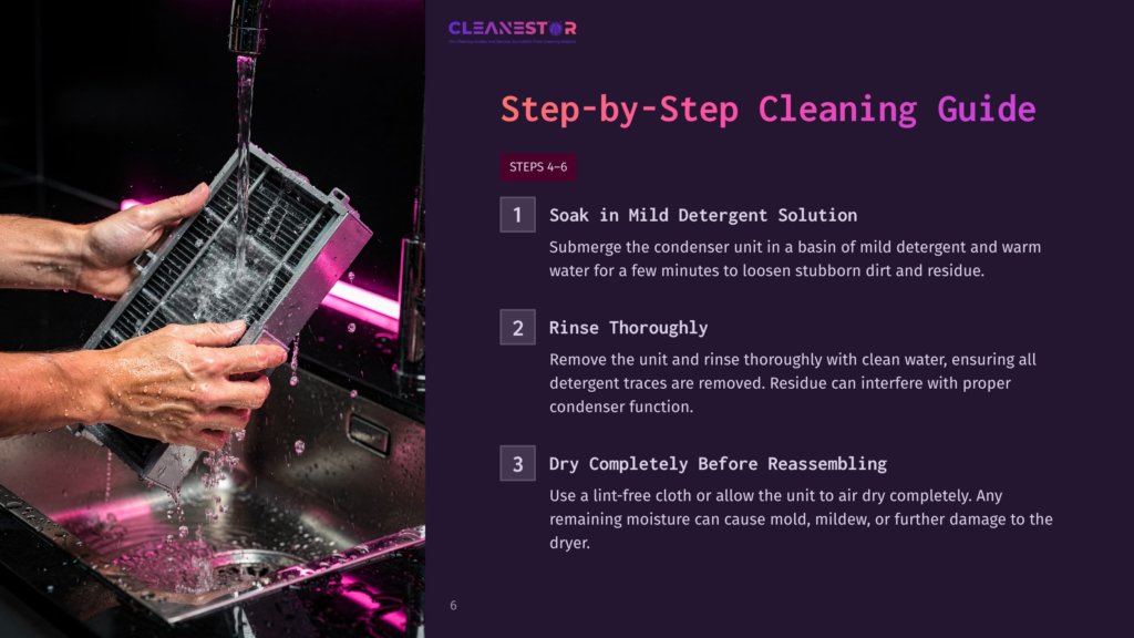6 Step By Step Cleaning Guide 16 Hands Rinse A Dirty Dryer Condenser Unit Under Running Water In A Stainless Steel Sink, Part Of A Step-By-Step Cleaning Guide.