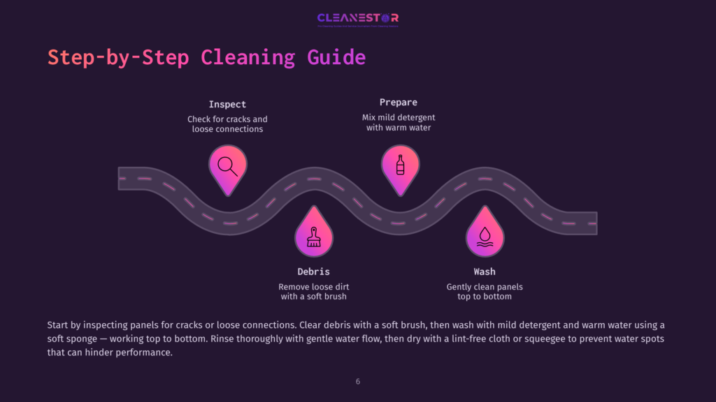 A Step-By-Step Cleaning Guide For Solar Panels, Illustrating Inspection, Debris Removal, And Washing With Warm Water And Detergent. The Graphic Features A Winding Road Graphic With Icons Representing Each Cleaning Step.