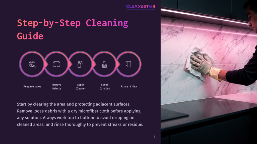 Step-By-Step Cleaning Guide With Icons For Preparing, Removing Debris, Applying Cleaner, Scrubbing, And Rinsing. A Person Cleans A Marble Backsplash With A Microfiber Cloth.