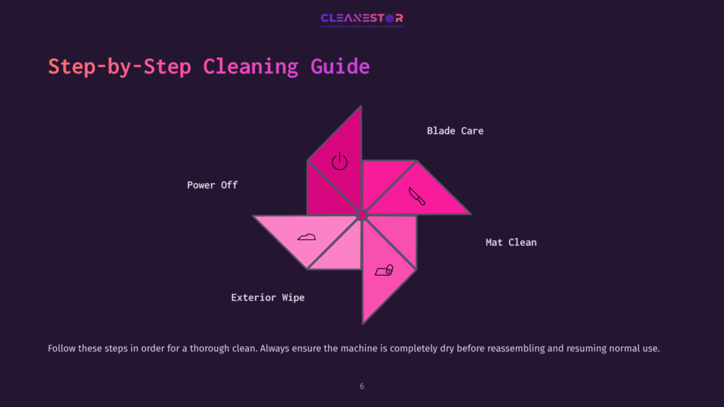 6 Step By Step Cleaning Guide 21 Step-By-Step Cleaning Guide Diagram With A Pinwheel Design Showing Power Off, Exterior Wipe, Mat Clean, And Blade Care Sections, With The Cleanestor Logo At The Top.