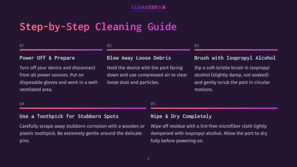 6 Step By Step Cleaning Guide 3 Step-By-Step Guide With Dark Background, White Text, And Purple Accents Detailing Instructions To Clean A Charging Port.