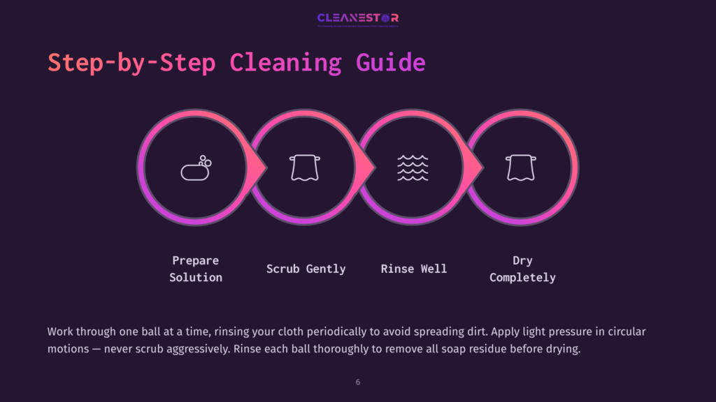 Four Pink Circular Icons With Black Outlines On A Dark Background, Detailing Steps For Cleaning Billiard Balls: Prepare Solution, Scrub, Rinse, Dry.