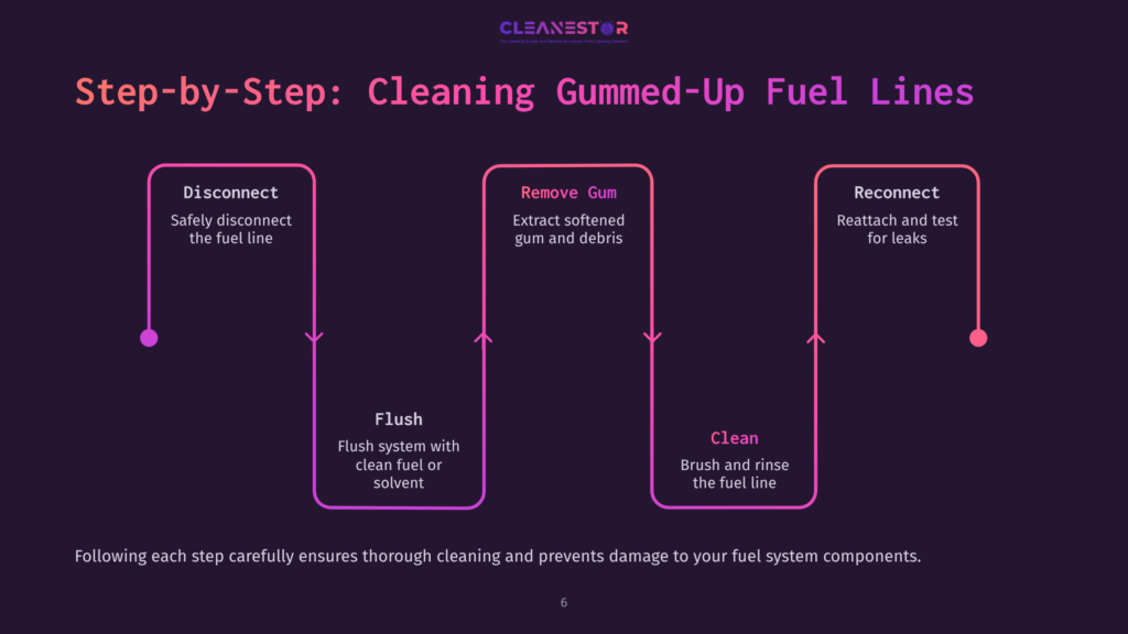 Flowchart With Four Pink And Purple Steps Detailing The Process Of Cleaning Gummed-Up Fuel Lines. Each Step Is Visually Connected.