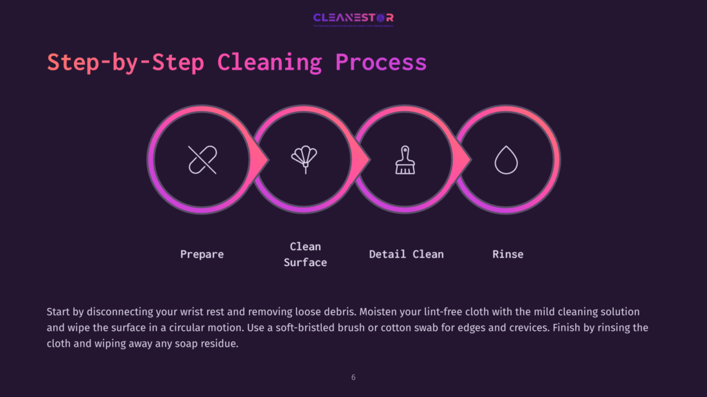 Illustration Of A Cleaning Process With Four Steps: Prepare, Clean, Detail Clean, And Rinse, Using Icons And A Dark Purple Background.