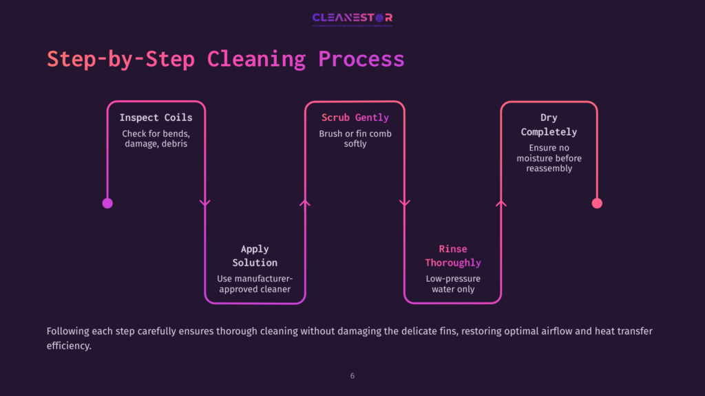 6 Step By Step Cleaning Process 2 A Diagram Illustrating The Cleanestor Step-By-Step Cleaning Process For Hvac Coils, Featuring Three Main Stages: Inspect Coils, Scrub Gently, And Dry Completely, With Sub-Steps Like Apply Solution And Rinse Thoroughly.