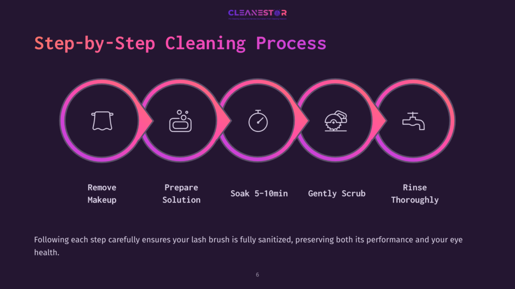 Step-By-Step Cleaning Process Graphic With Five Circular Icons In A Row. Icons Represent: Remove Makeup, Prepare Solution, Soak 5-10 Min, Gently Scrub, And Rinse Thoroughly. Text At Bottom: &Quot;Following Each Step Carefully Ensures Your Lash Brush Is Fully Sanitized, Preserving Both Its Performance And Your Eye Health.