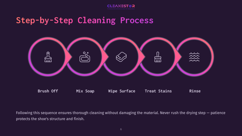 Step-By-Step Cleaning Process For Shoes: Brush Off, Mix Soap, Wipe Surface, Treat Stains, Rinse. Followed By A Note About Protecting Shoe Structure.