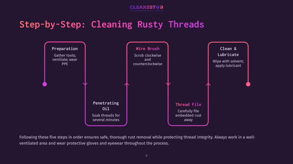 Step-By-Step Guide To Cleaning Rusty Threads: Preparation, Wire Brush, And Clean &Amp; Lubricate. Includes Penetrating Oil And Thread File Steps.