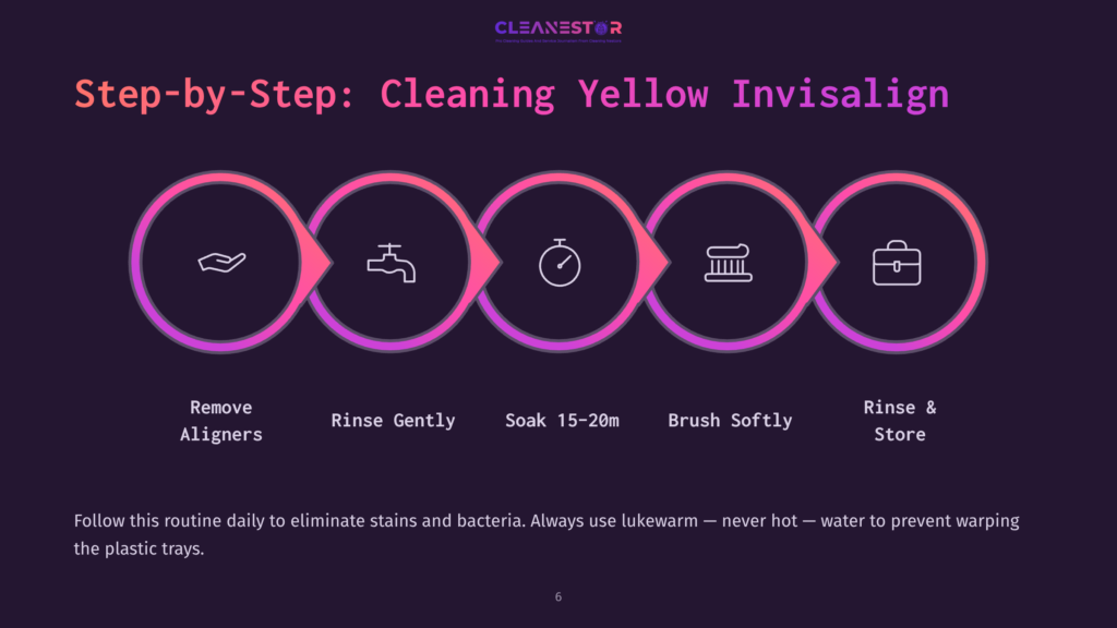 Step-By-Step Guide To Cleaning Yellow Invisalign Aligners: Remove, Rinse Gently, Soak 15-20M, Brush Softly, Rinse &Amp; Store. Follow With Lukewarm Water To Prevent Warping.