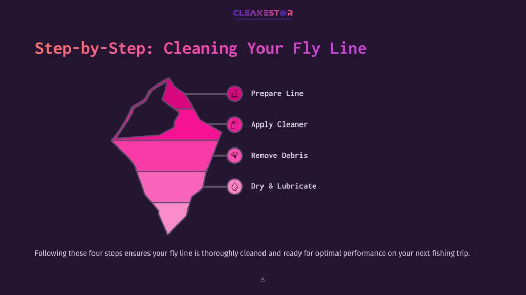 Illustration Of A Pink Fly Line With Four Numbered Steps: Prepare, Apply Cleaner, Remove Debris, Dry &Amp; Lubricate, On A Dark Background.