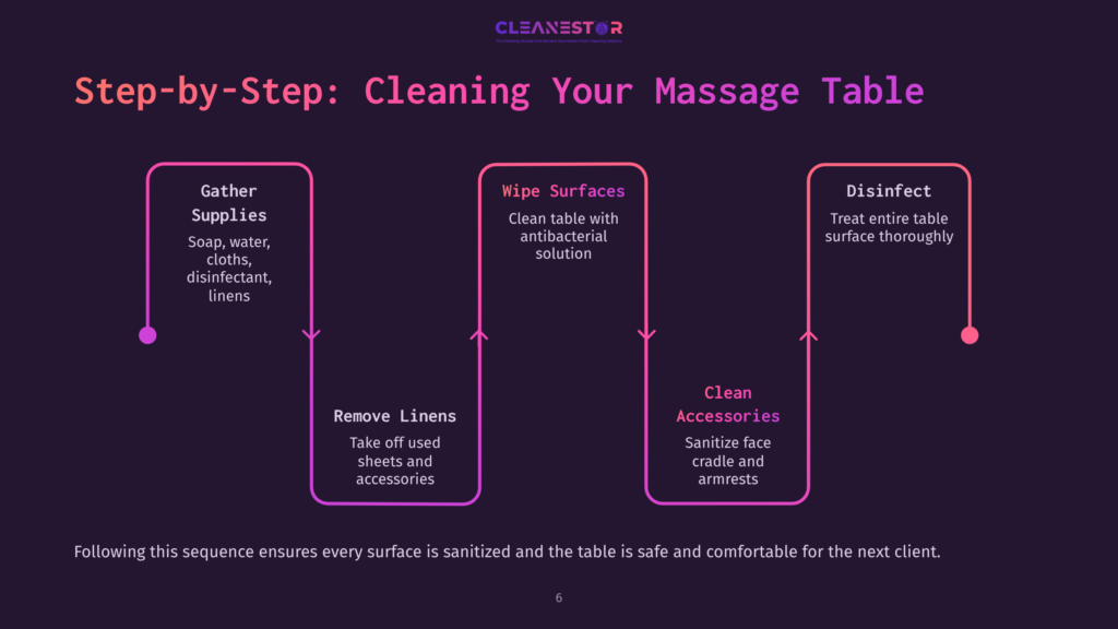 Flowchart With Purple And Pink Arrows Outlining Steps For Cleaning A Massage Table: Gather Supplies, Wipe Surfaces, Clean Accessories, And Disinfect.
