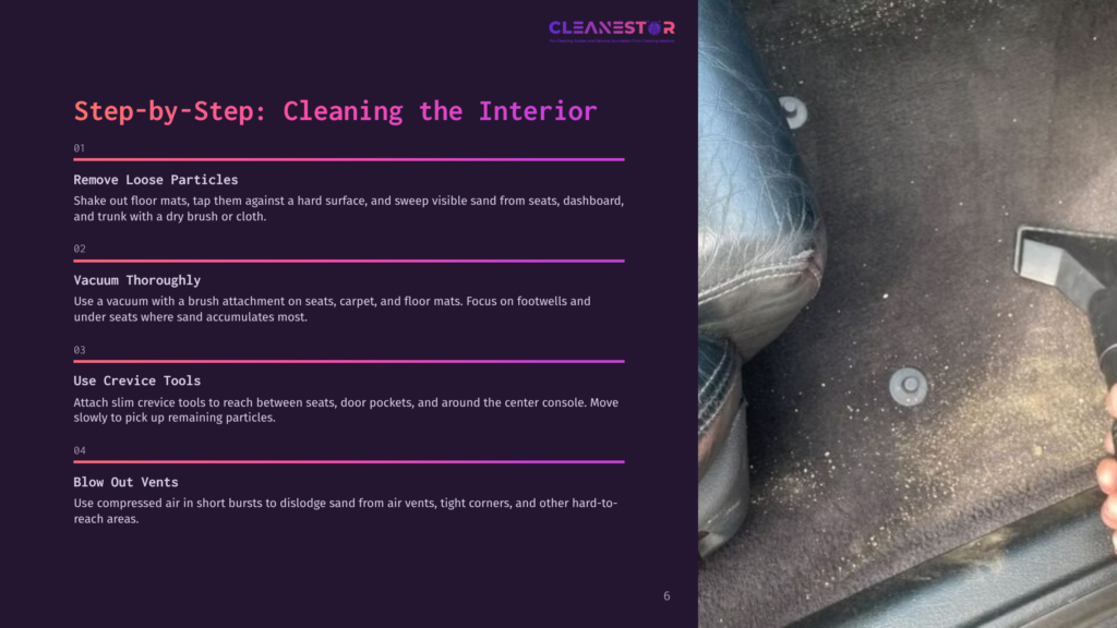 A Close-Up Of A Car Interior Showing Scattered Sand On The Floor And A Vacuum Nozzle Focusing On The Carpet And Seats.