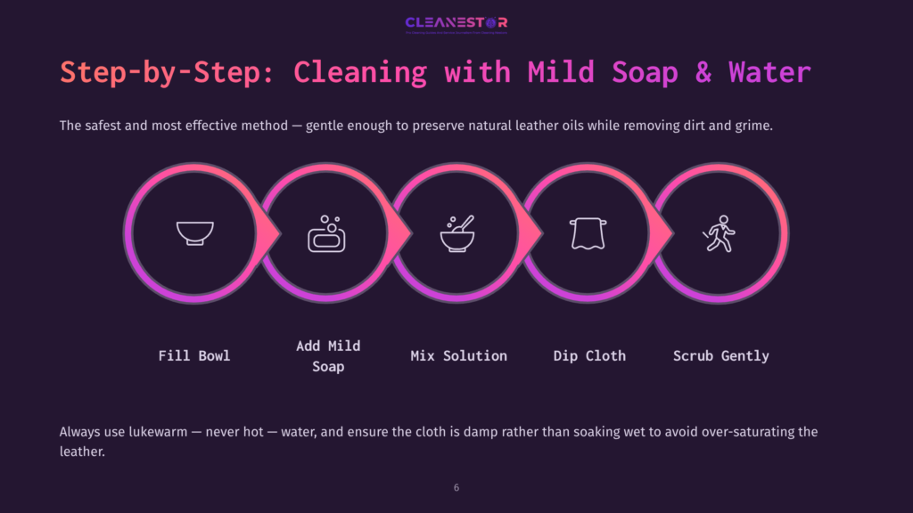 Step-By-Step Guide To Cleaning Leather With Mild Soap And Water, Featuring Icons For Filling A Bowl, Mixing Solution, Dipping Cloth, And Scrubbing.