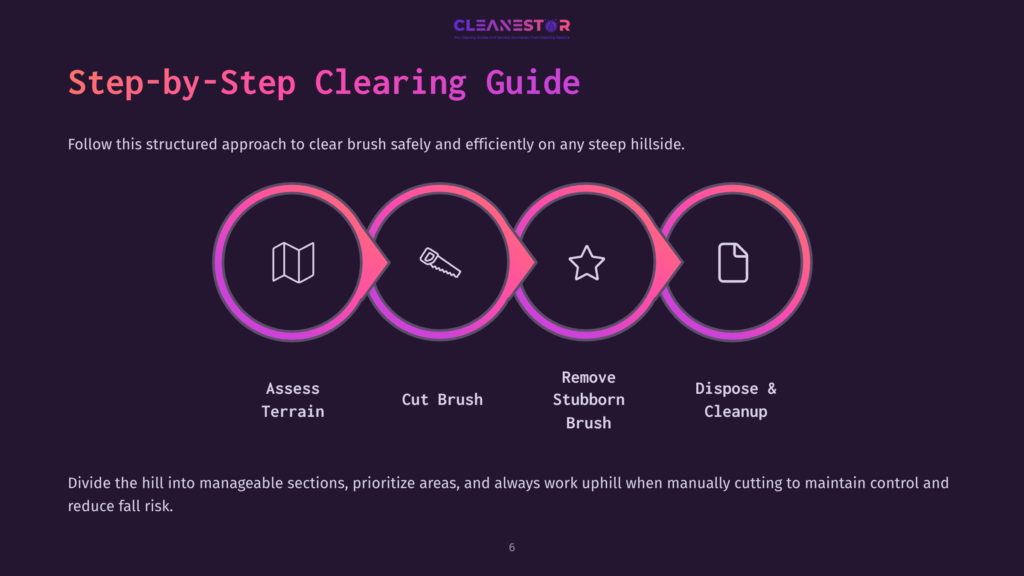 6 Step By Step Clearing Guide Step-By-Step Clearing Guide Infographic: Assess Terrain, Cut Brush, Remove Stubborn Brush, Dispose &Amp; Cleanup. Divided Into Four Circular Icons With Text Below.