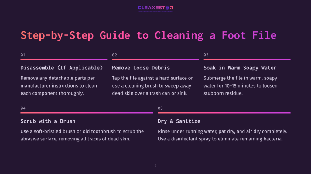 A Step-By-Step Guide On Cleaning A Foot File, Presented With Numbered Sections, Purple Accents, And Clear Instructional Text.