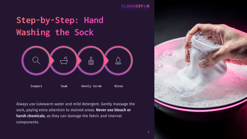 A Hand Holds A White Sock Above A Bowl Of Soapy Water, With Text Instructions On How To Clean The Sock In A Colorful Layout.