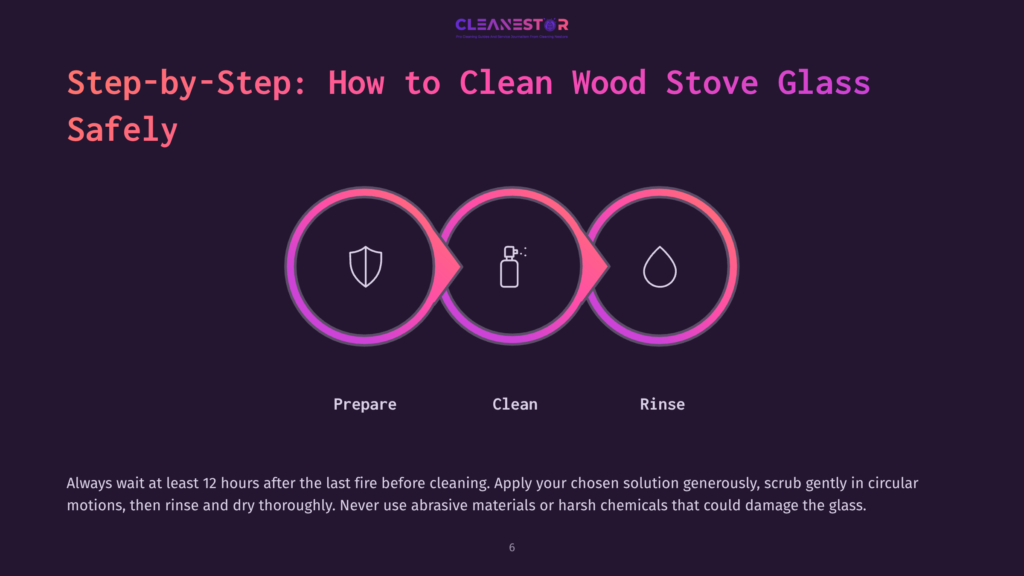 Step-By-Step Guide To Safely Cleaning Wood Stove Glass: Prepare, Clean, And Rinse. The Graphic Shows Three Circular Icons In A Row, Representing Each Step.