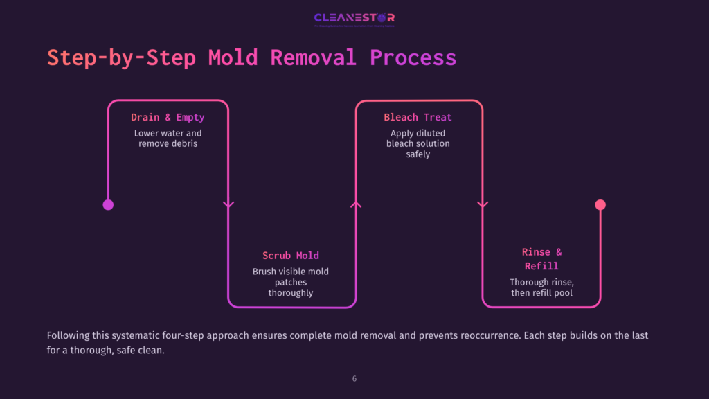 Flowchart Outlining A Four-Step Mold Removal Process: Drain &Amp; Empty, Scrub Mold, Bleach Treat, Rinse &Amp; Refill With Vibrant Colors.