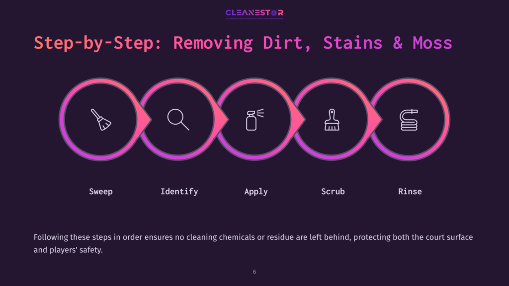 A Graphic With Five Steps: Sweep, Identify, Apply, Scrub, Rinse, Featuring Pink Icons Against A Dark Background, Outlining Court Cleaning.