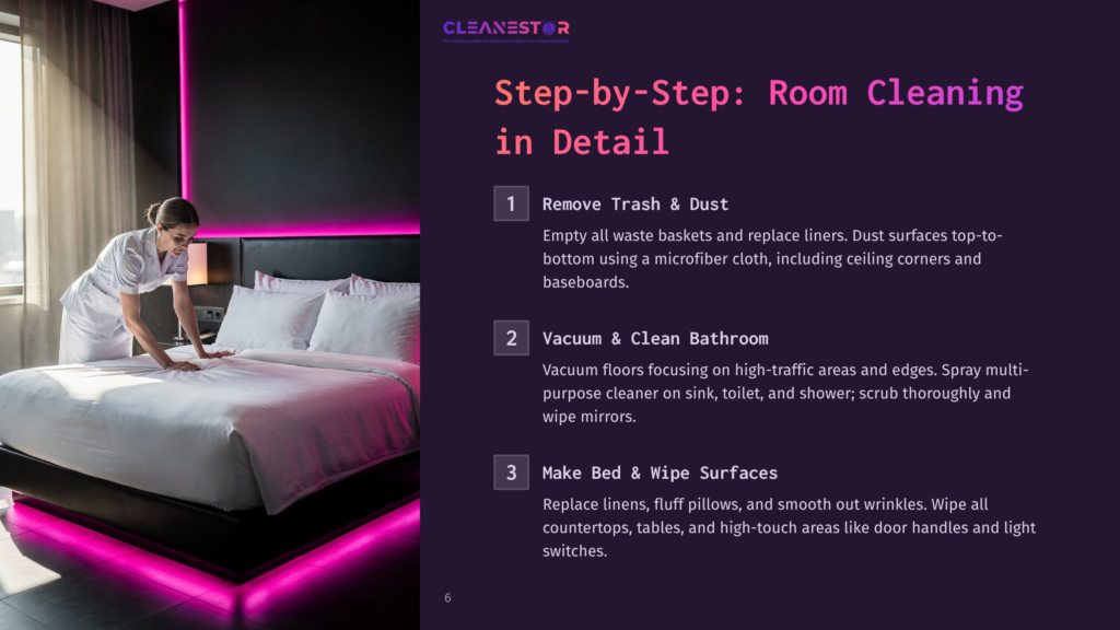 A Hotel Room Featuring A Neatly Made Bed With White Linens, Pink Ambient Lighting, And Instructions For Cleaning Steps.