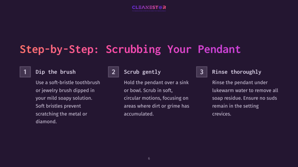 Step-By-Step Guide Featuring Three Numbered Steps: Dip Brush, Scrub Gently, Rinse Thoroughly, With Icons Illustrating Each Action. Background Is Dark Purple.