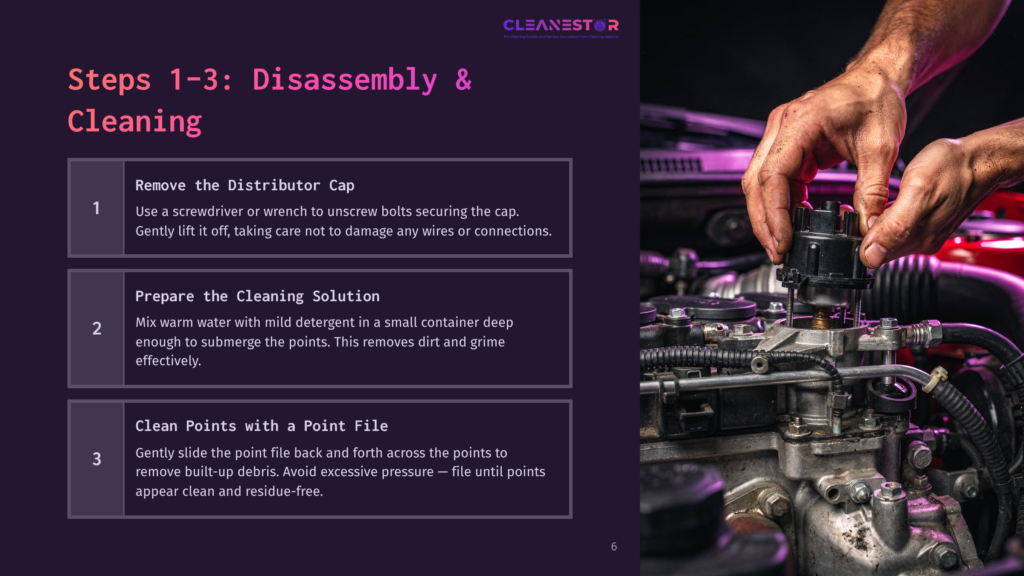 A Mechanic’s Hand Removes A Distributor Cap From An Engine, With Cleaning Tools And Solutions On A Nearby Work Surface.
