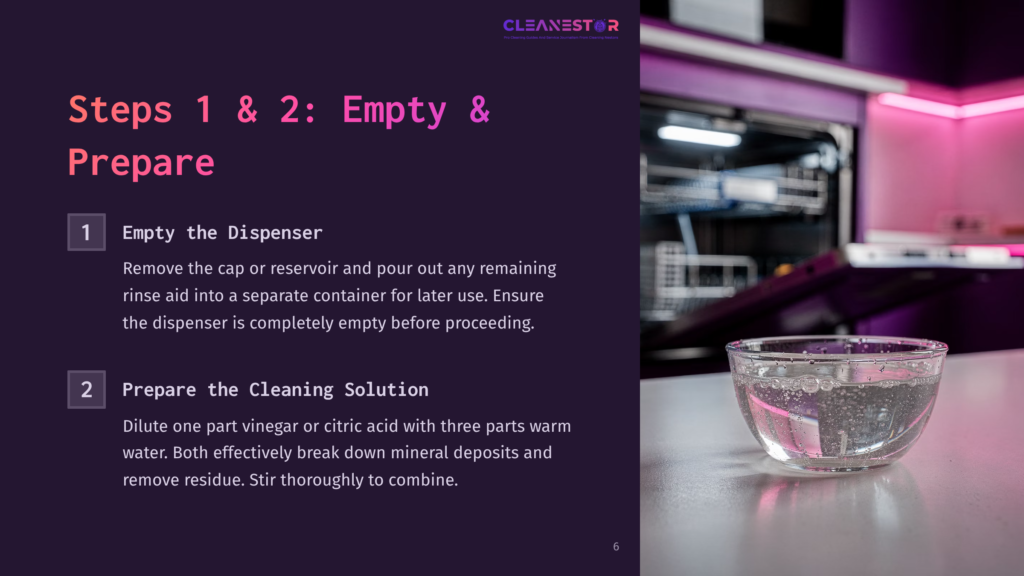 A Clear Bowl Of Liquid Sits On A Countertop With A Dark Background, Beside Instructions For Cleaning A Rinse Aid Dispenser.