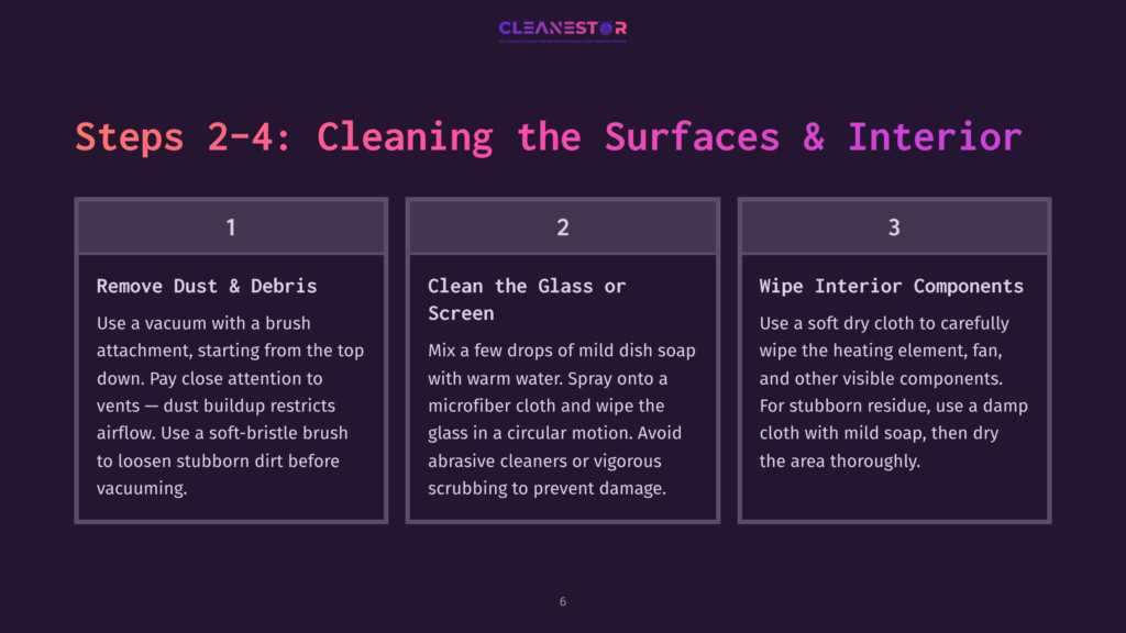 Instructions In A Three-Step Format On A Dark Background, Detailing Cleaning Surfaces, Glass, And Interiors Of An Electric Fireplace.