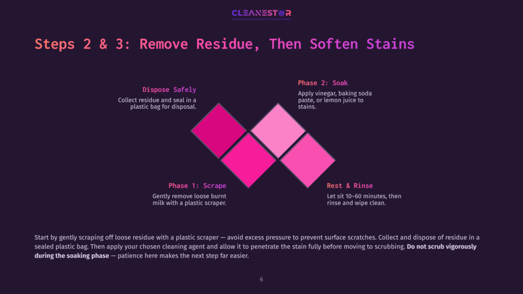 6 Steps 2 And 3 Remove Residue Then Soften Stains Steps 2 &Amp; 3: Remove Residue, Then Soften Stains. Image Shows A Diagram With Pink And Purple Hues, Detailing A Three-Phase Cleaning Process: Scrape, Soak, And Rest &Amp; Rinse.