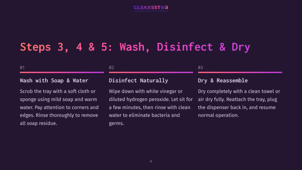 A Visual Guide With Steps 3, 4, And 5 Displayed On A Dark Purple Background. Step 3 Involves Washing With Soap And Water, Step 4 Includes Disinfecting Naturally With White Vinegar Or Diluted Hydrogen Peroxide, And Step 5 Requires Drying And Reassembling The Tray.