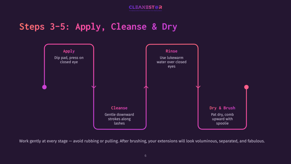 Flowchart Detailing Steps For Cleaning Eyelash Extensions: &Quot;Apply,&Quot; &Quot;Cleanse,&Quot; And &Quot;Dry &Amp; Brush,&Quot; With Vibrant Purple Background And Pink Arrows.